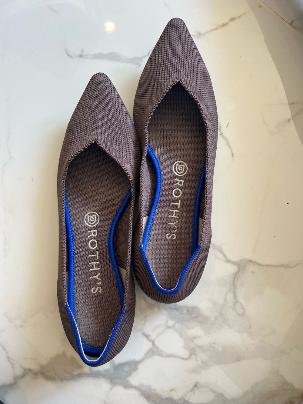 Rothy's Brown Pointed Knit Flats with Blue Trim